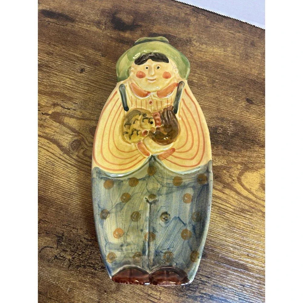 Vintage Italy Hand Painted Ceramic Farmer with Chicken Figural Serving Tray Dish